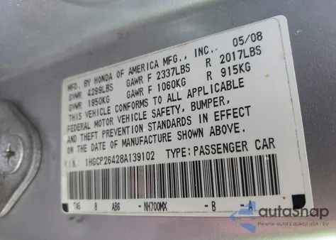 2008 Honda Accord 2.4 Lx-P из США, поврежденный, VIN 1HGCP26428A139102